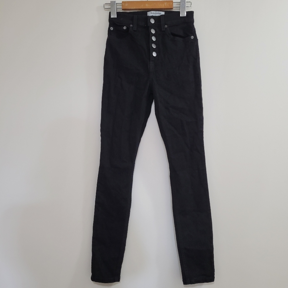 Reformation high rise button fly black skinny jeans 24